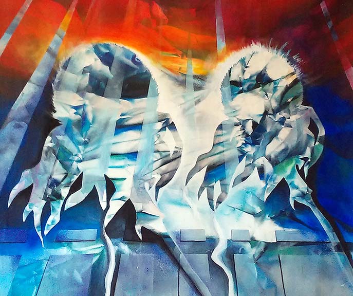 Fire and ice, acrylic and spray on canvas, 99 x 119cm, 2021